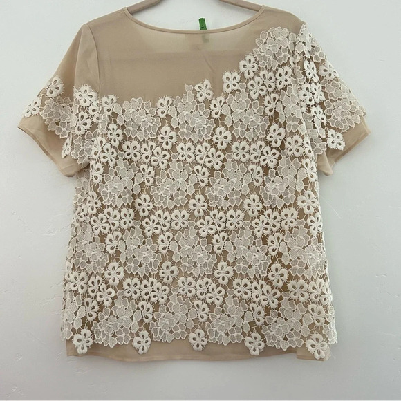 Sundance Nude Blouse with Crochet Lace Overlay Size Medium Office Bohemian - Picture 2 of 9